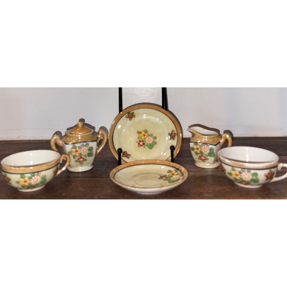 Antique lusterware toy dishes Sugar, Creamer, Two Plates and 2 Teacups